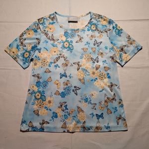 Blair Shirt Women's Small Blue Butterfly Top Silky Short Sleeve Round Neck Tee